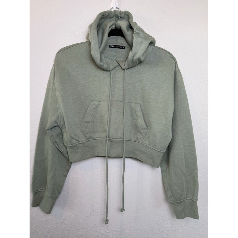 Zara Cropped Pullover Hoodie Muted Sage Green Size S Kangaroo Pocket Athleisure